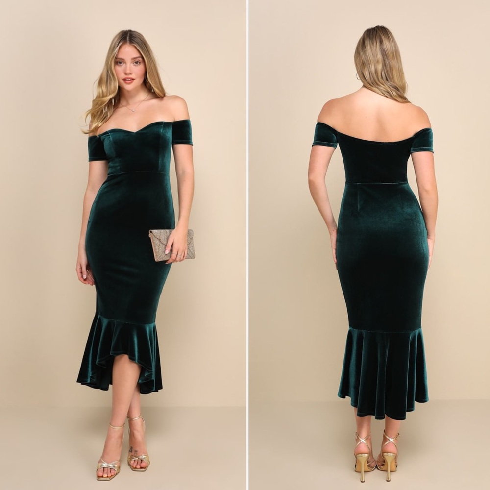 NWT | Lulus | How Much I Care Emerald Green Velvet Off-the-Shoulder Midi Dress